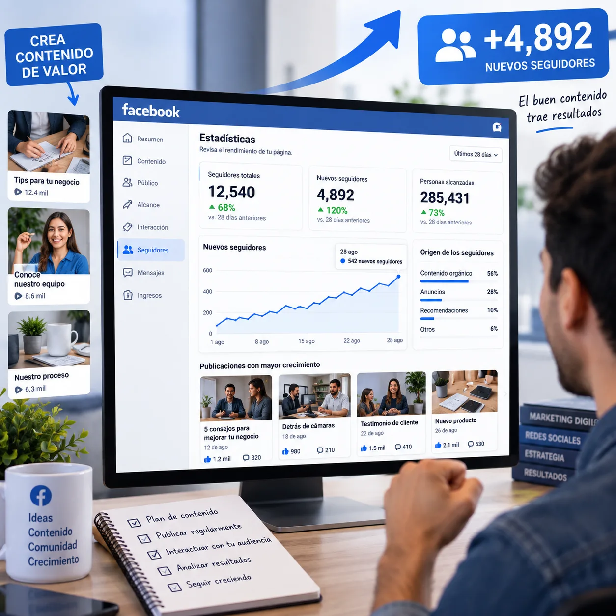 Painel de estatísticas do Facebook mostrando como conseguir seguidores no FB após uma campanha de conteúdo